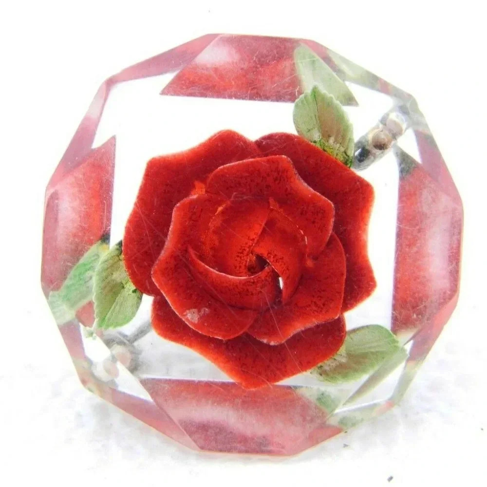 Vintage Clear Faceted Lucite Intaglio Embedded with Red Rose Flower Brooch Pin